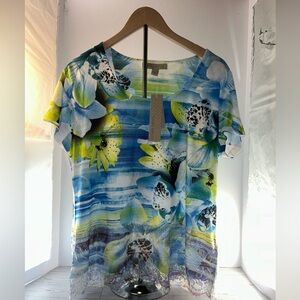 Laura Ashley Green And Blue Floral Tee With Lace Bottoms Size Large New With Tag